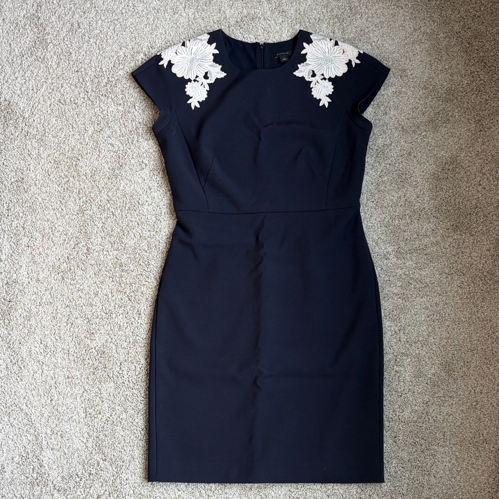 Ann Taylor Navy Midi Sheath Dress with White Floral Appliqué